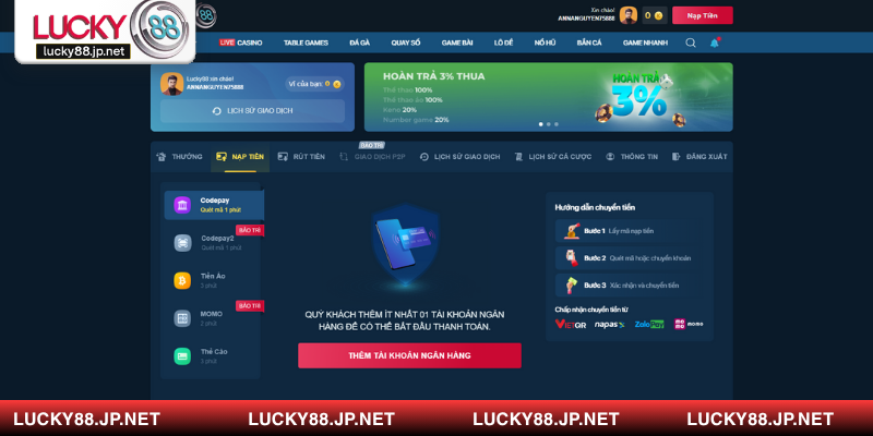 Khách hàng có thể thực hiện chuyển khoản trực tiếp vào tài khoản cá cược